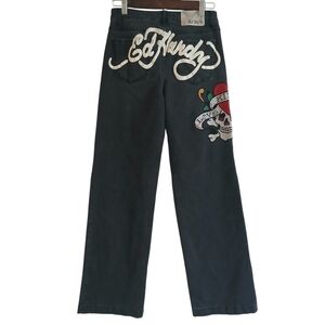 ED HARDY Wide Leg Jeans Women's 26 Love Kills Slowly Spellout Tatoo Black
